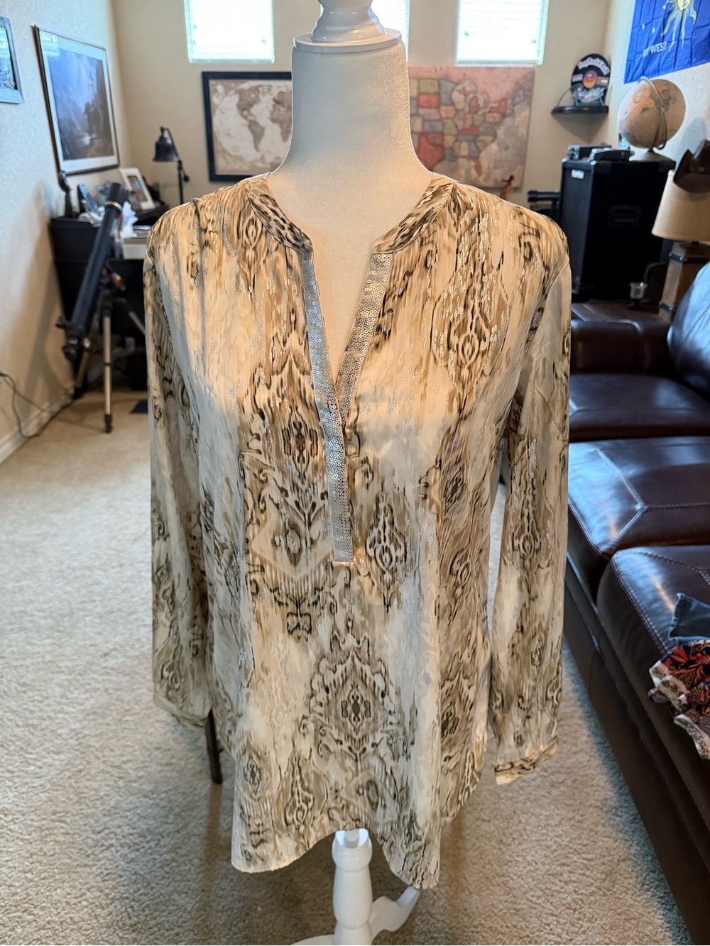 Chico's Cream and Brown Printed Tunic